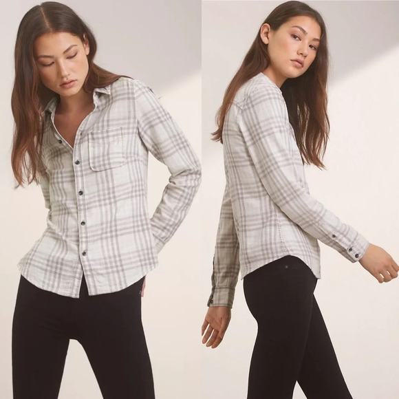 Aritzia TNA Beige Brushed Flannel Plaid Button Front Yellowstone Shirt Large - Picture 11 of 11